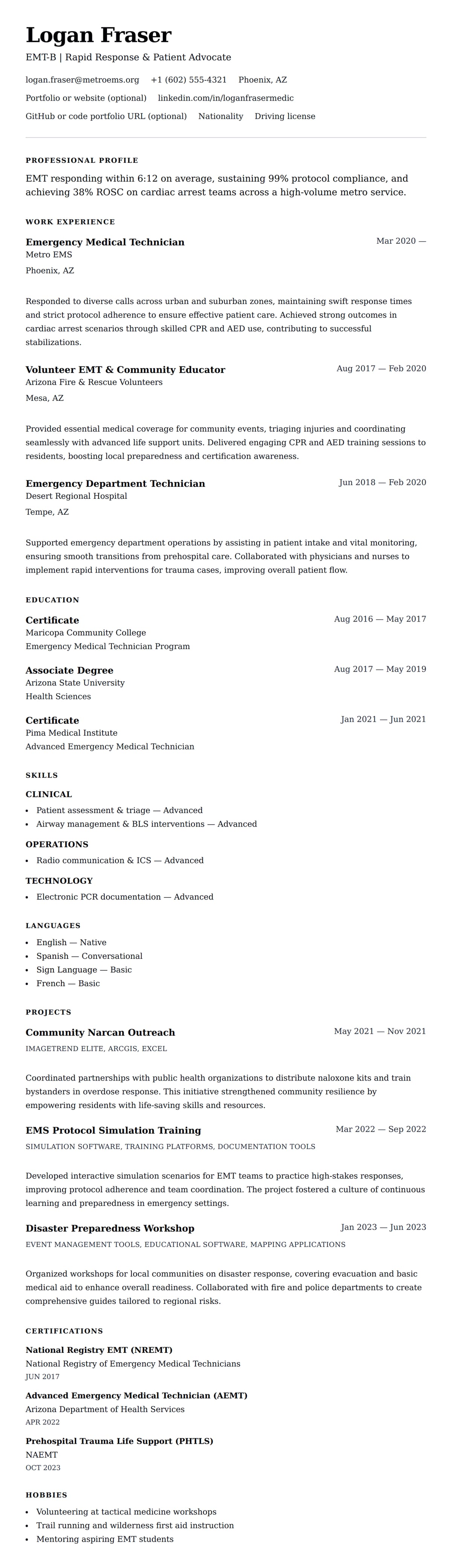 Resume preview for Emergency Medical Technician (EMT) Resume Example