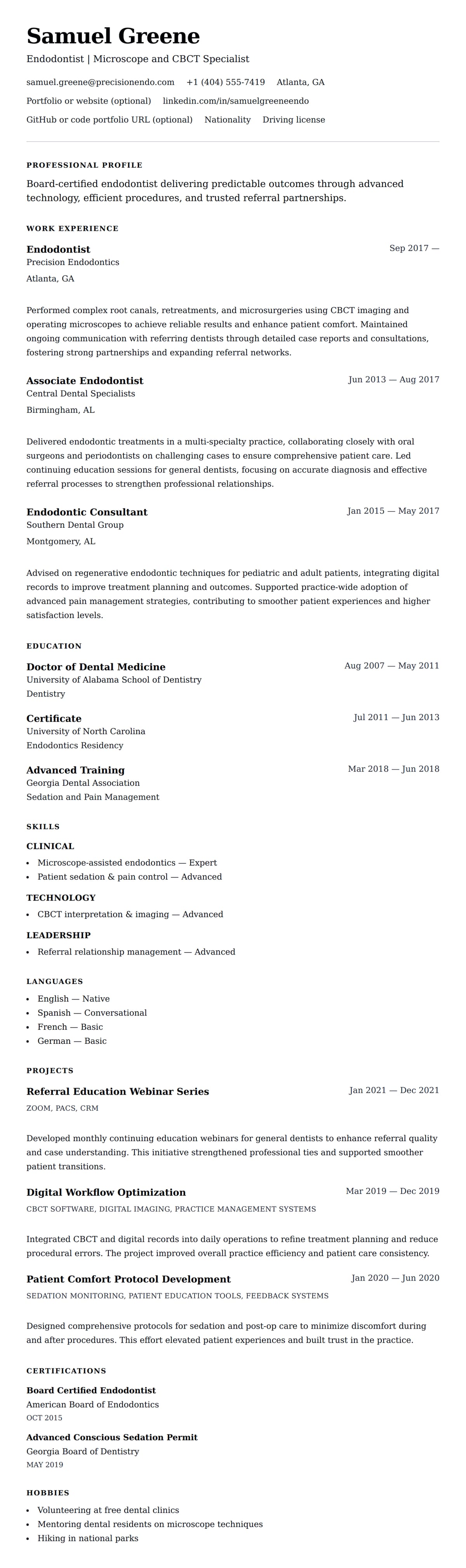 Resume preview for Endodontist Resume Example