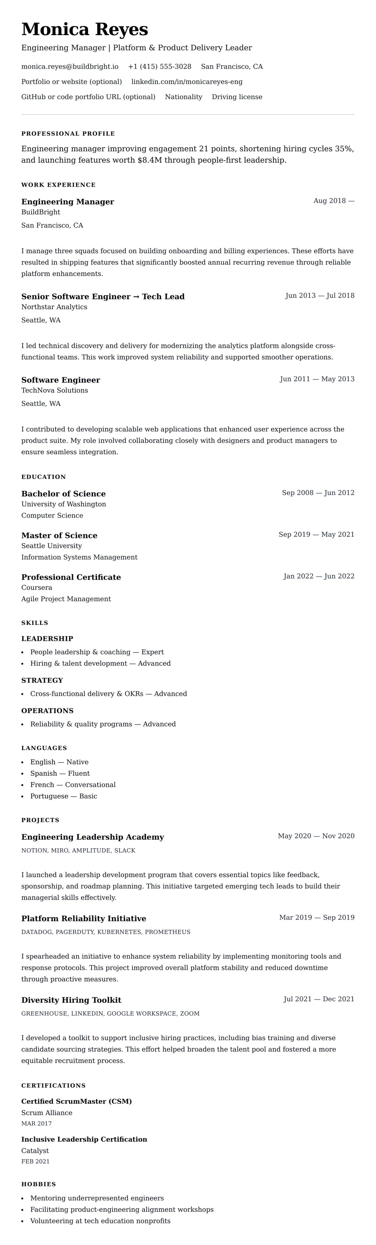 Resume preview for Engineering Manager Resume Example
