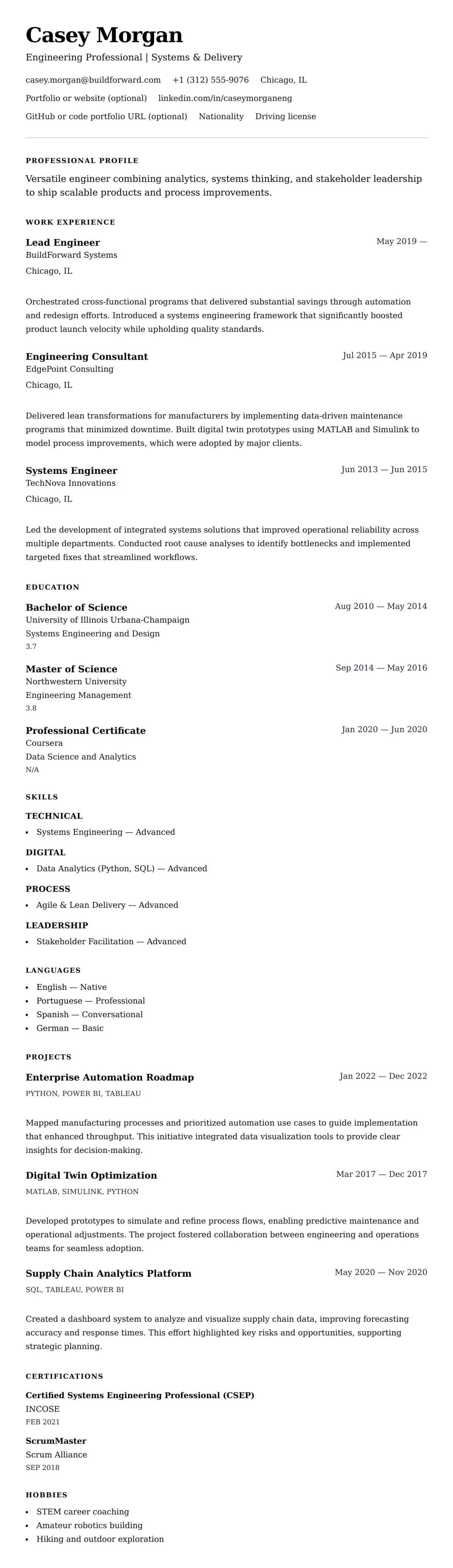 Resume preview for Engineering Resume Example