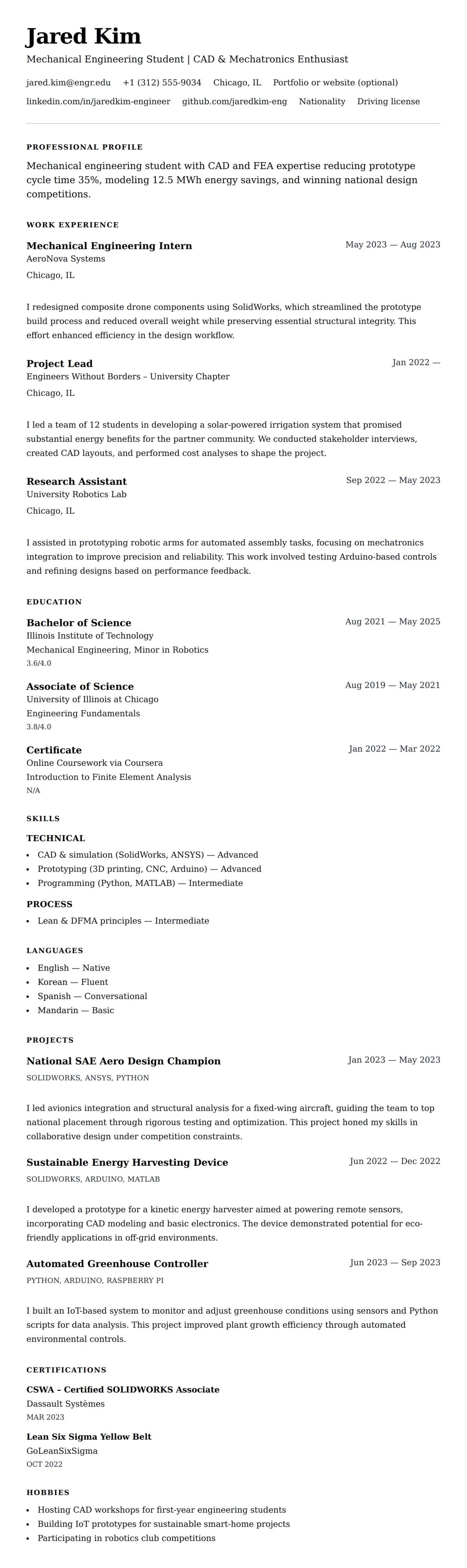 Resume preview for Engineering Student Resume Example