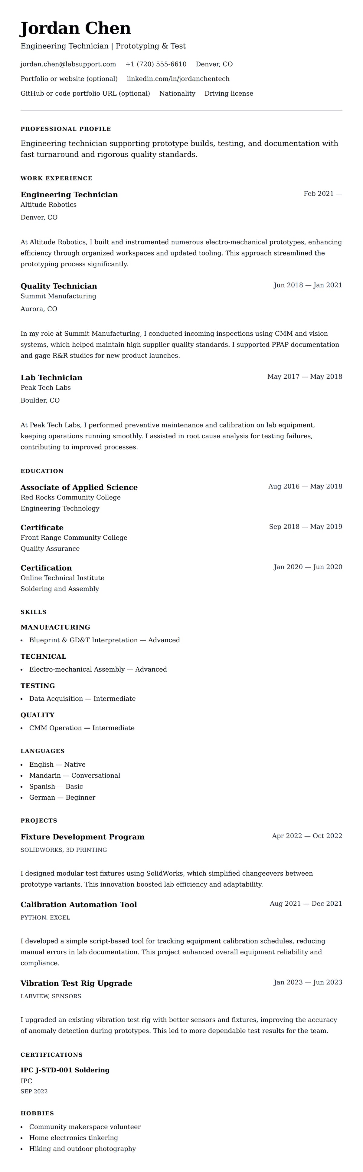 Resume preview for Technician Resume Example