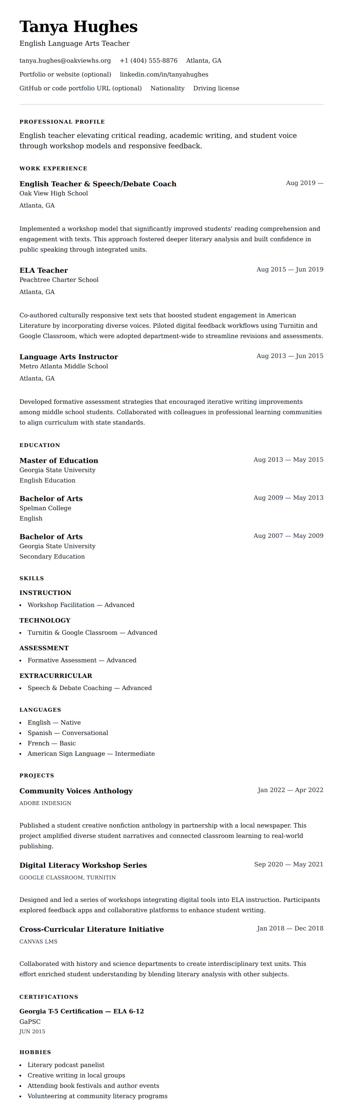 Resume preview for English Teacher Resume Example