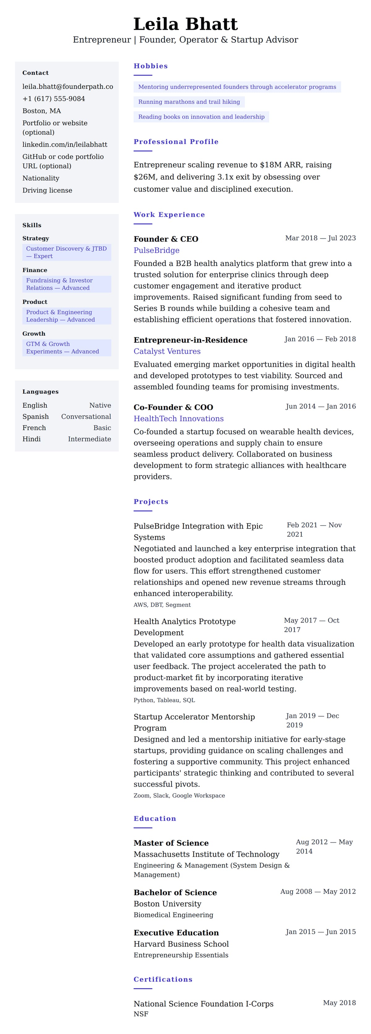 Resume preview for Entrepreneur Resume Example