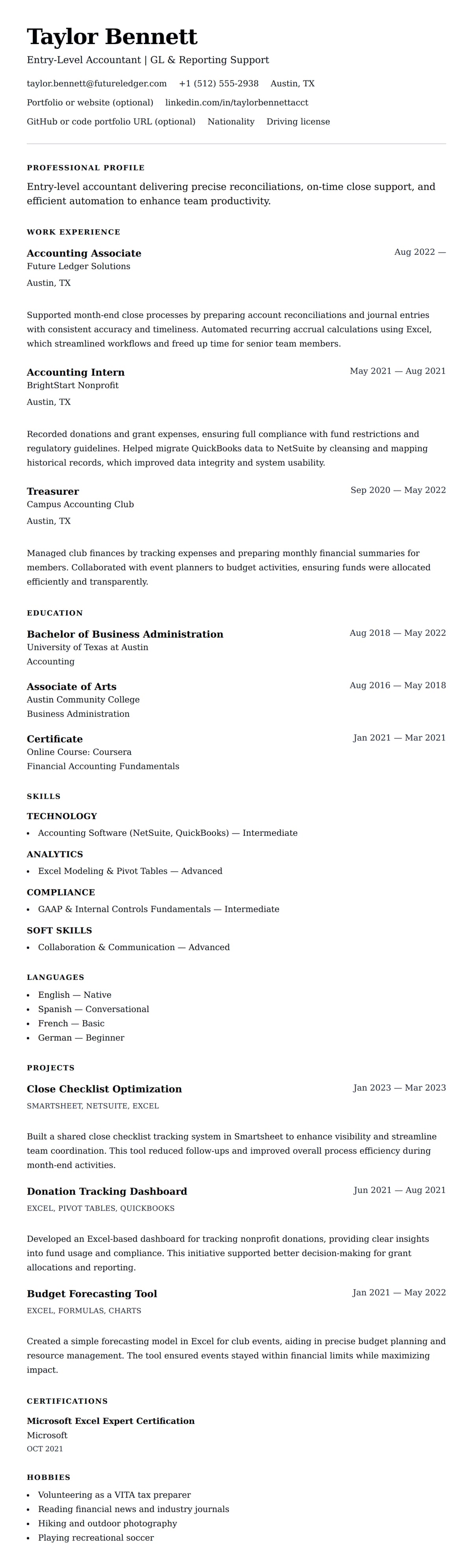 Resume preview for Entry-Level Accountant Resume Example
