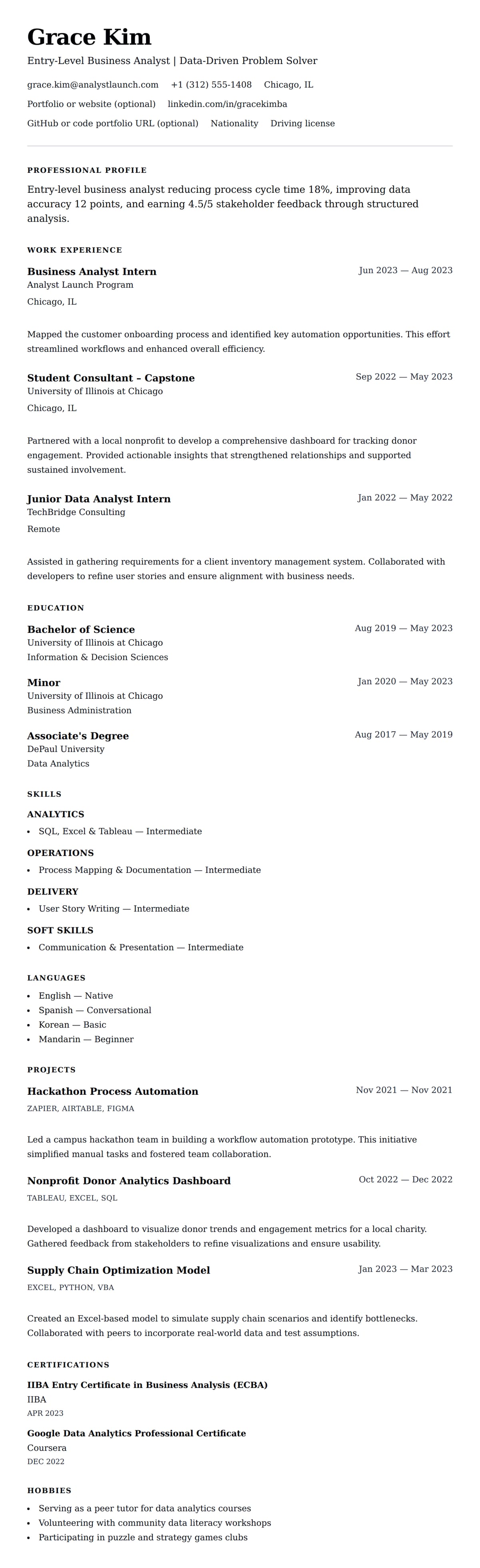 Resume preview for Entry-Level Business Analyst Resume Example