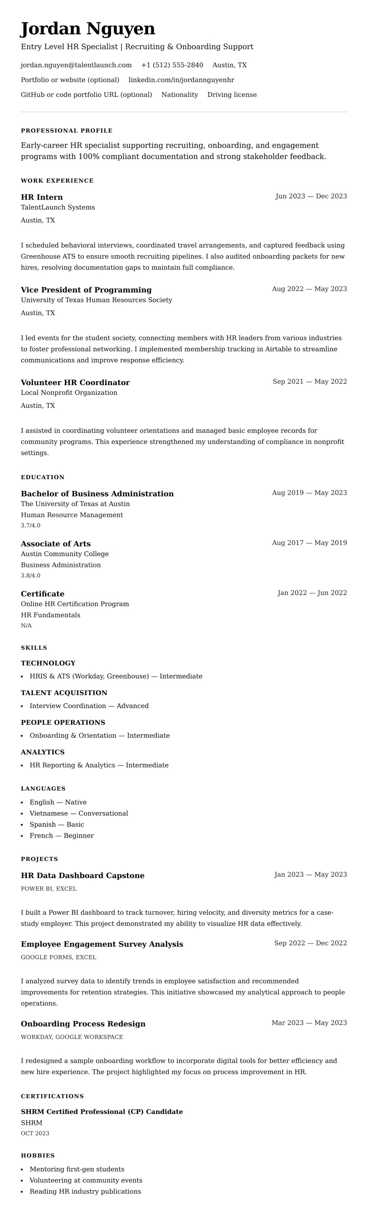 Resume preview for Entry Level HR Specialist Resume Example