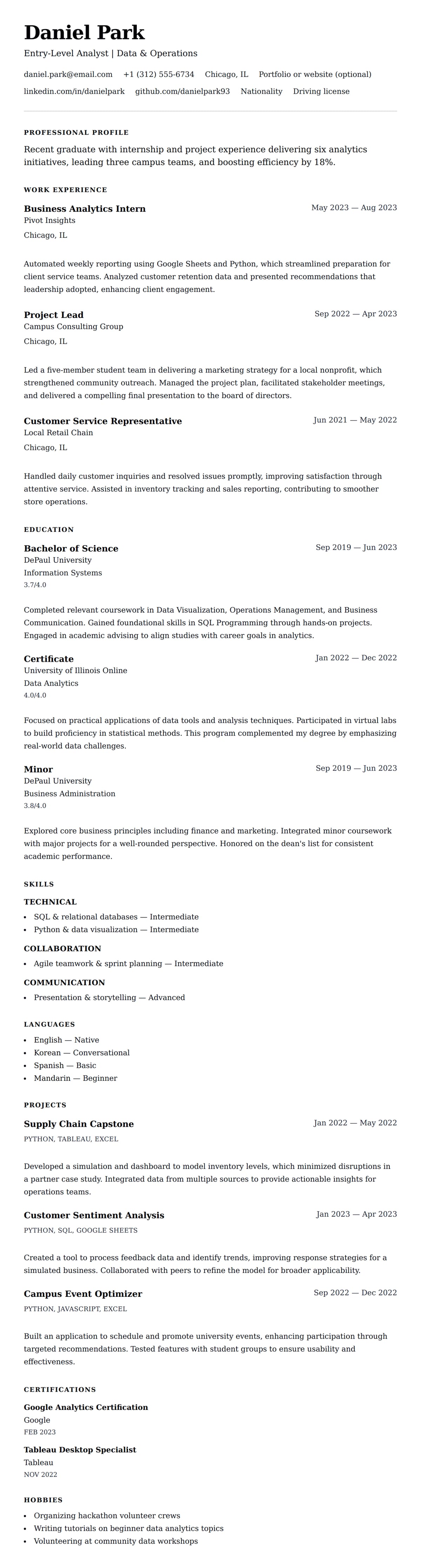 Resume preview for Entry-Level Resume Resume Example
