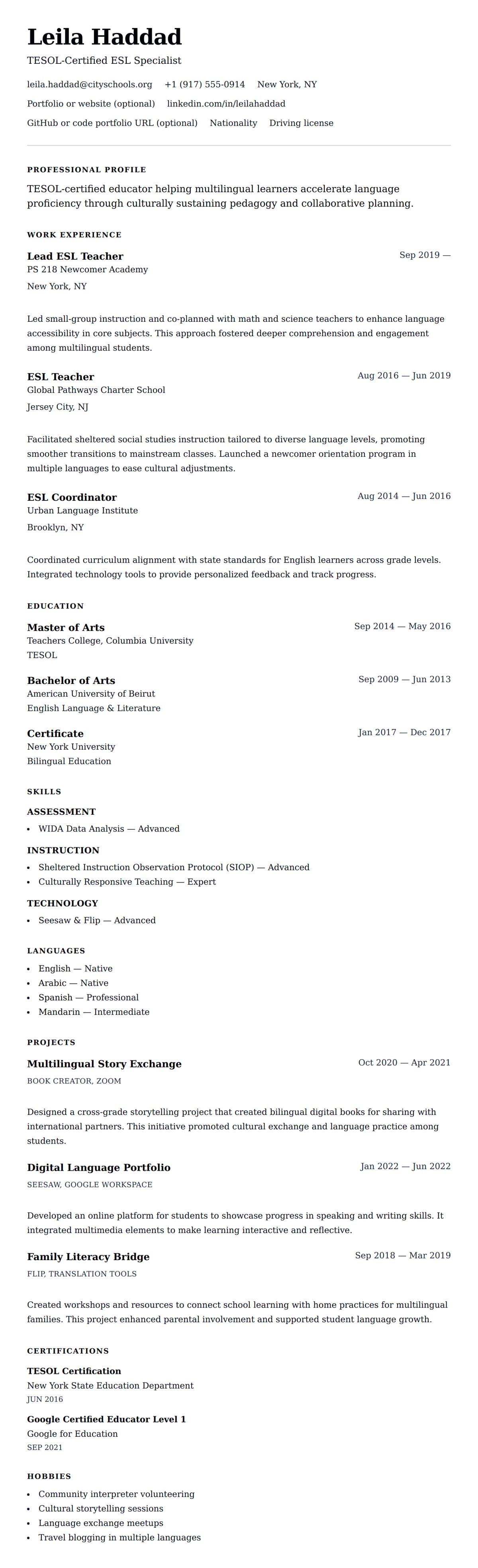 Resume preview for ESL Teacher Resume Example