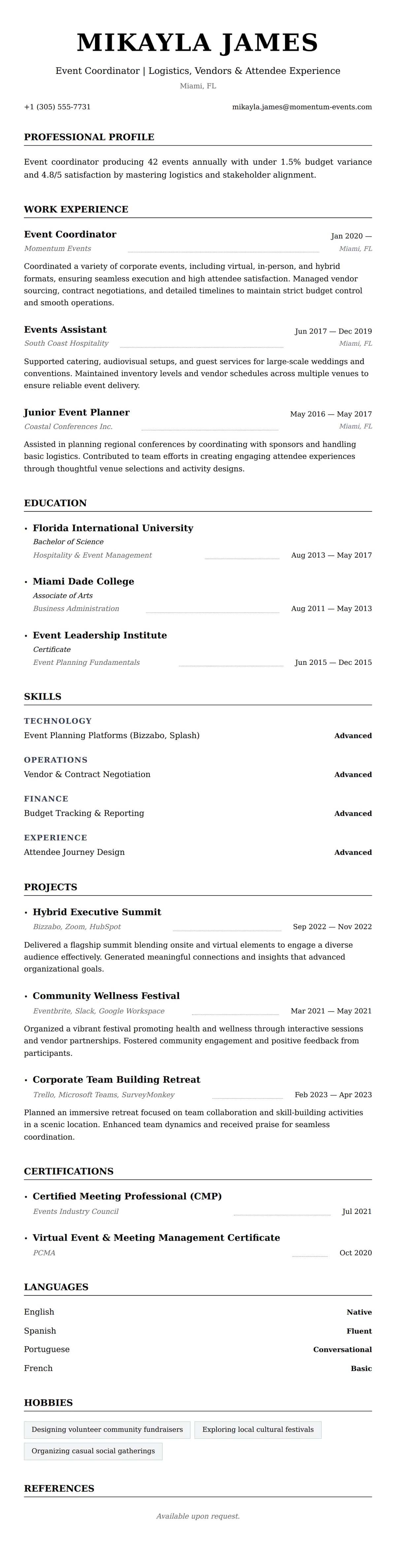 Resume preview for Event Coordinator Resume Example