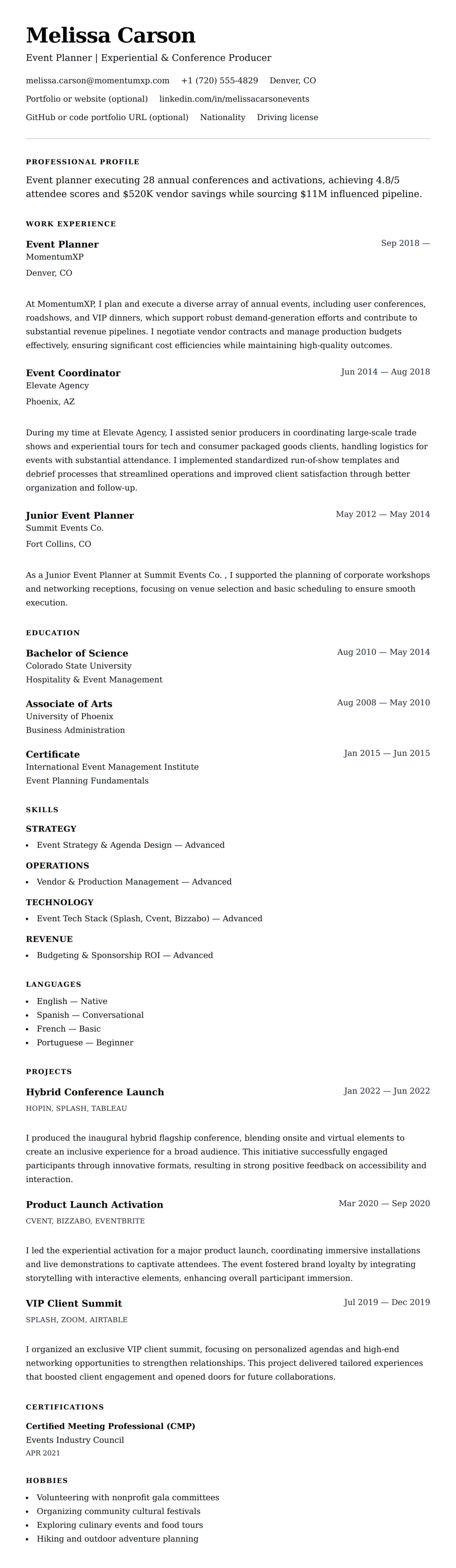 Resume preview for Event Planner Resume Example