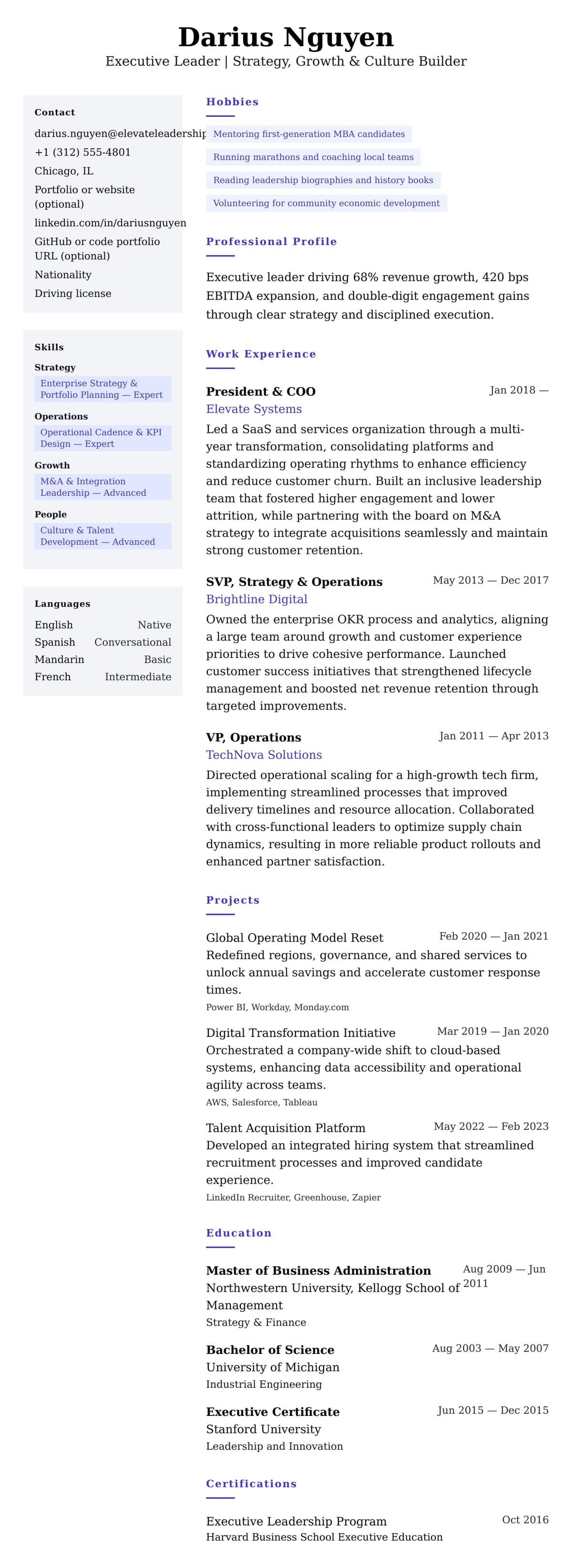 Resume preview for Executive Leader Resume Example