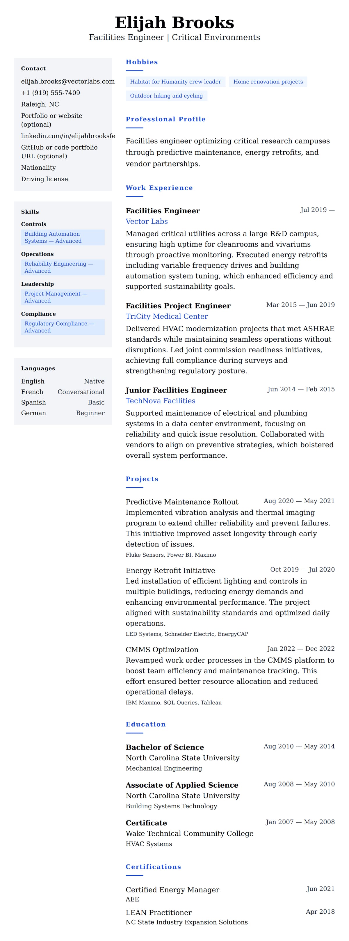 Resume preview for Facilities Engineer Resume Example
