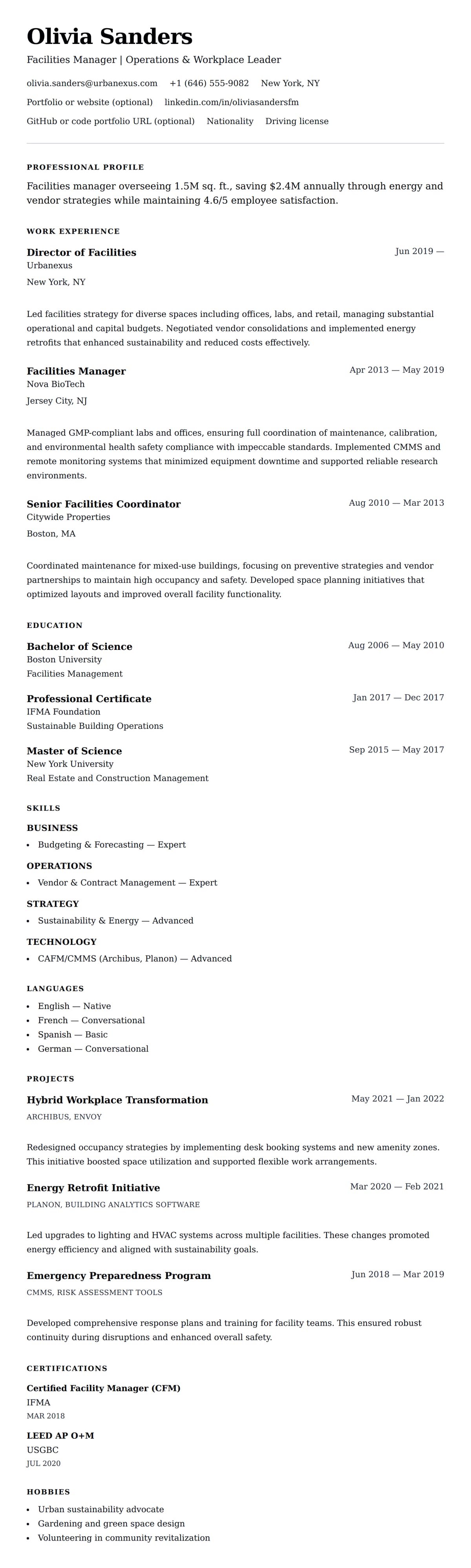 Resume preview for Facilities Manager Resume Example