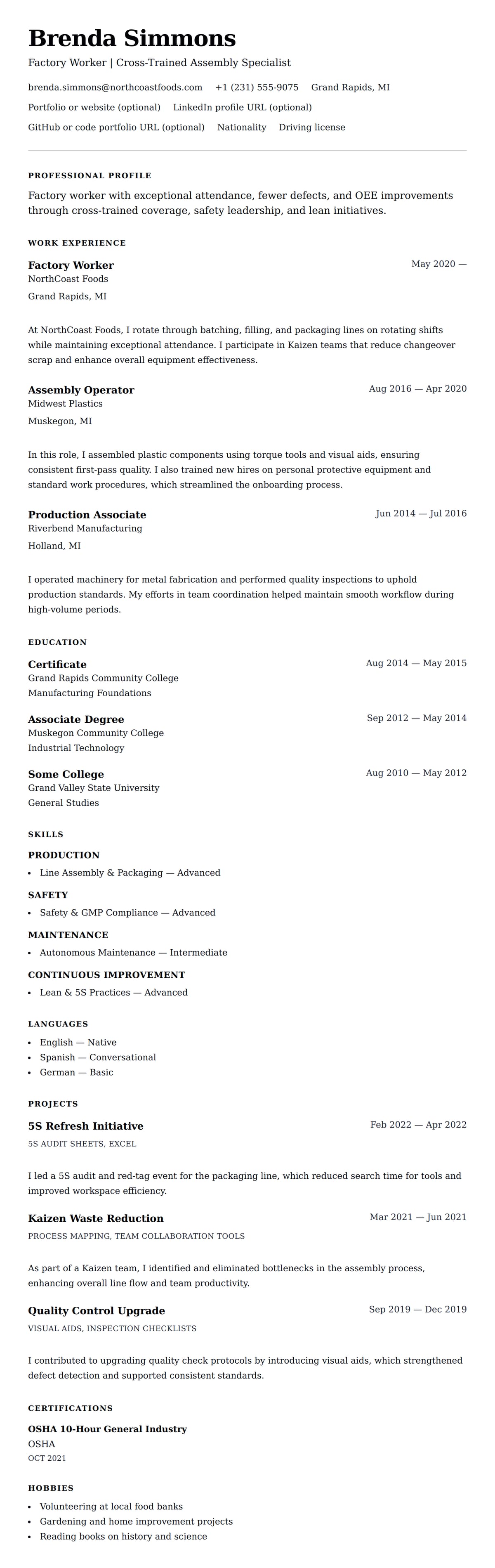 Resume preview for Factory Worker Resume Example