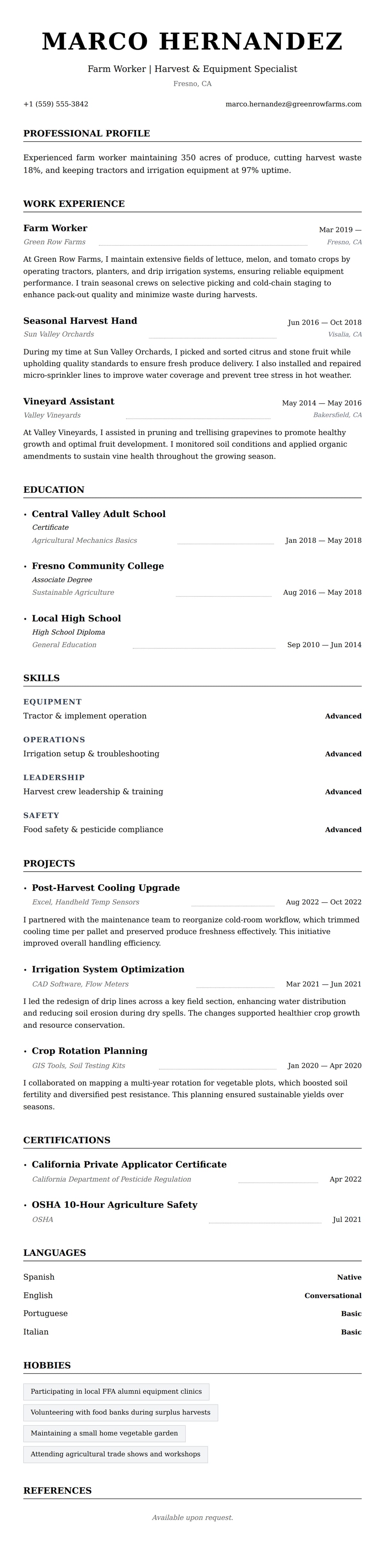 Resume preview for Farm Worker Resume Example