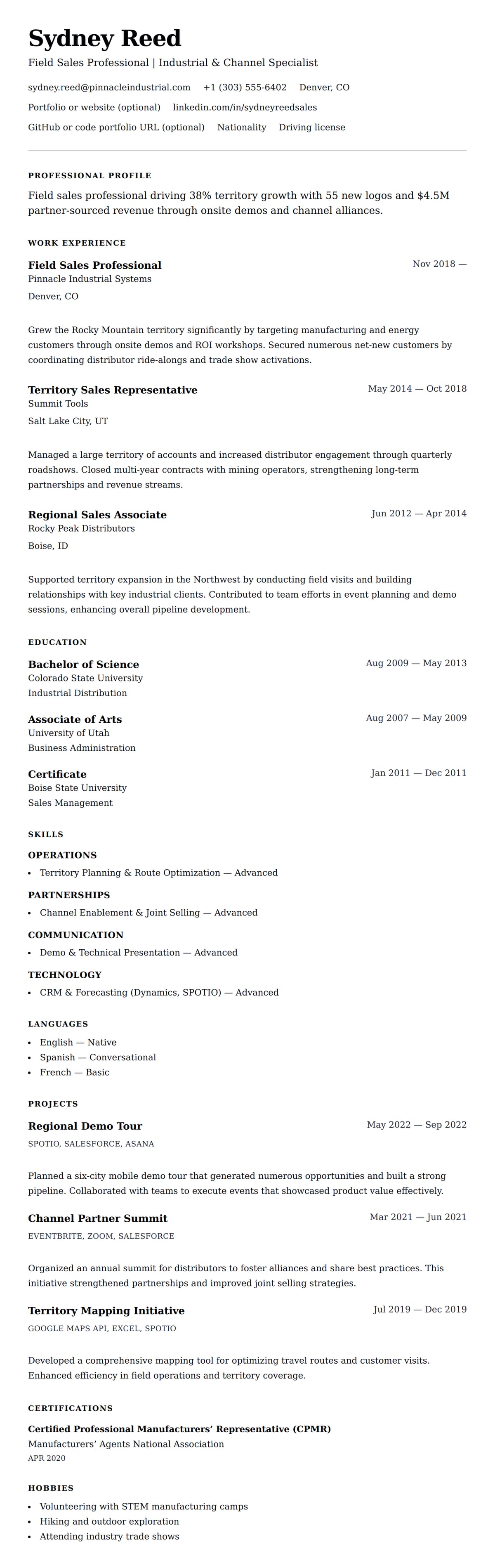 Field Sales Professional Resume Example