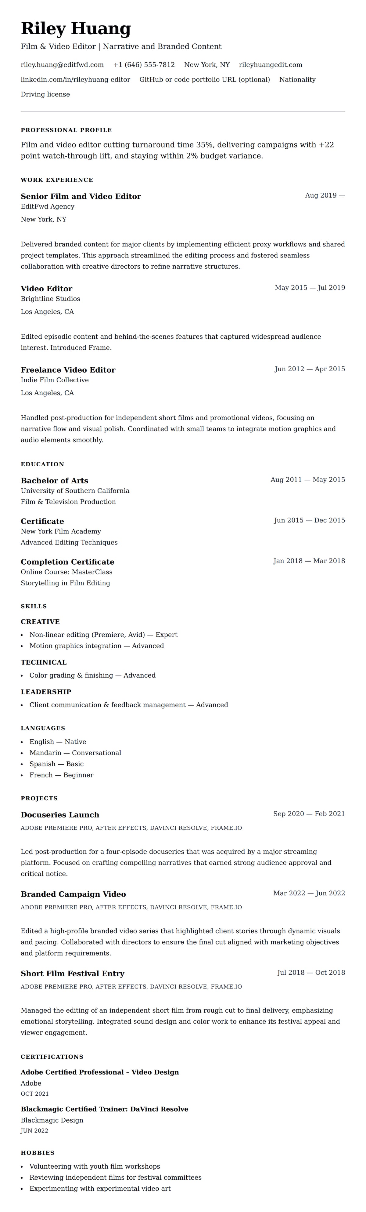 Resume preview for Film and Video Editor Resume Example