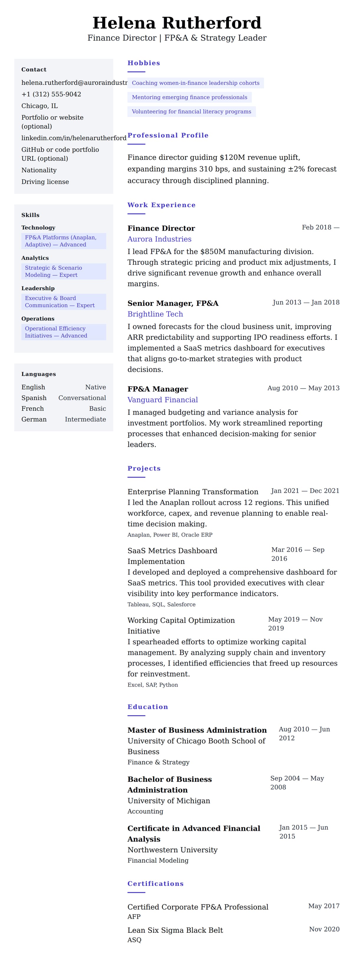 Resume preview for Finance Director Resume Example
