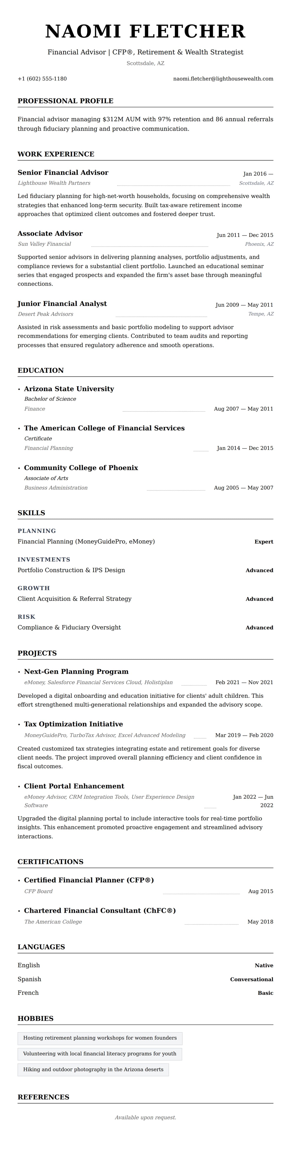 Resume preview for Financial Advisor Resume Example