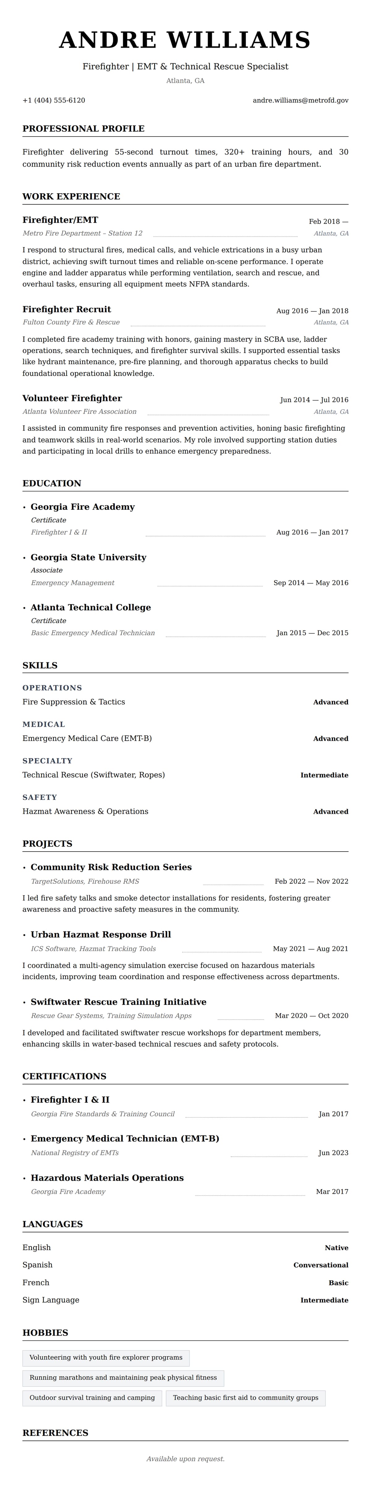 Resume preview for Firefighter Resume Example