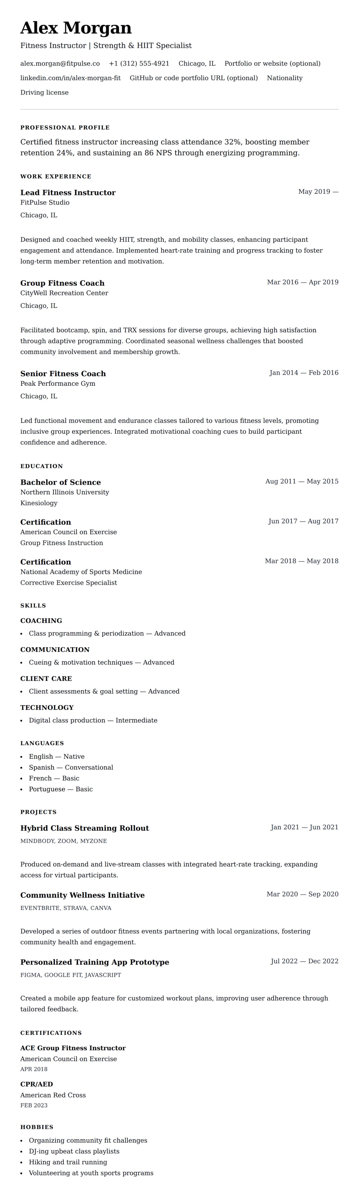 Resume preview for Fitness Instructor Resume Example