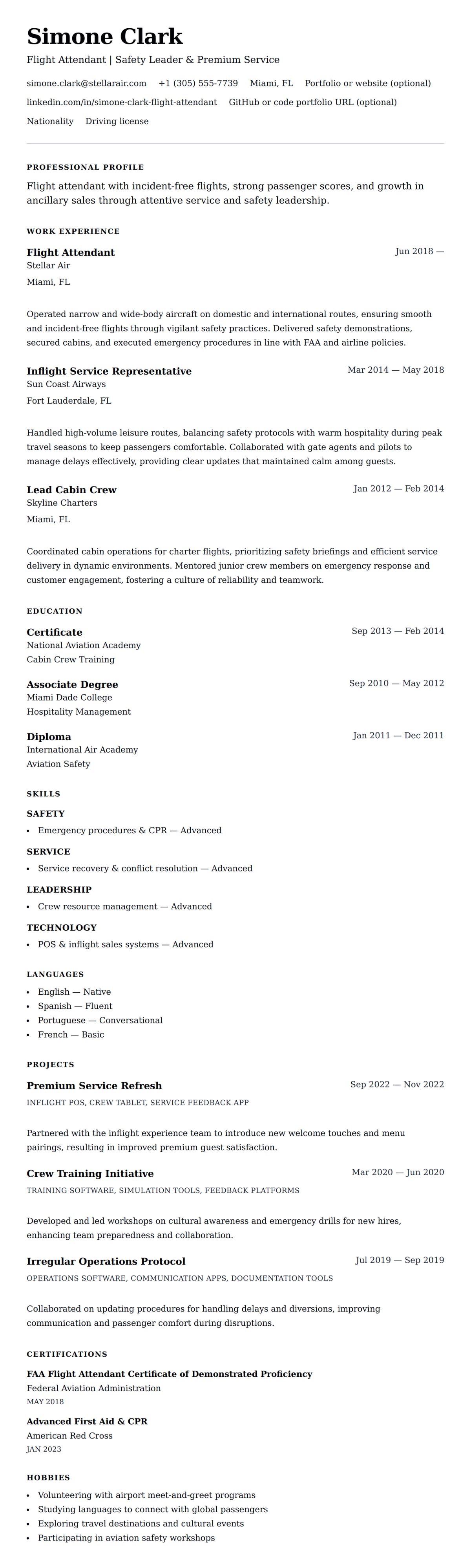 Resume preview for Flight Attendant Resume Example