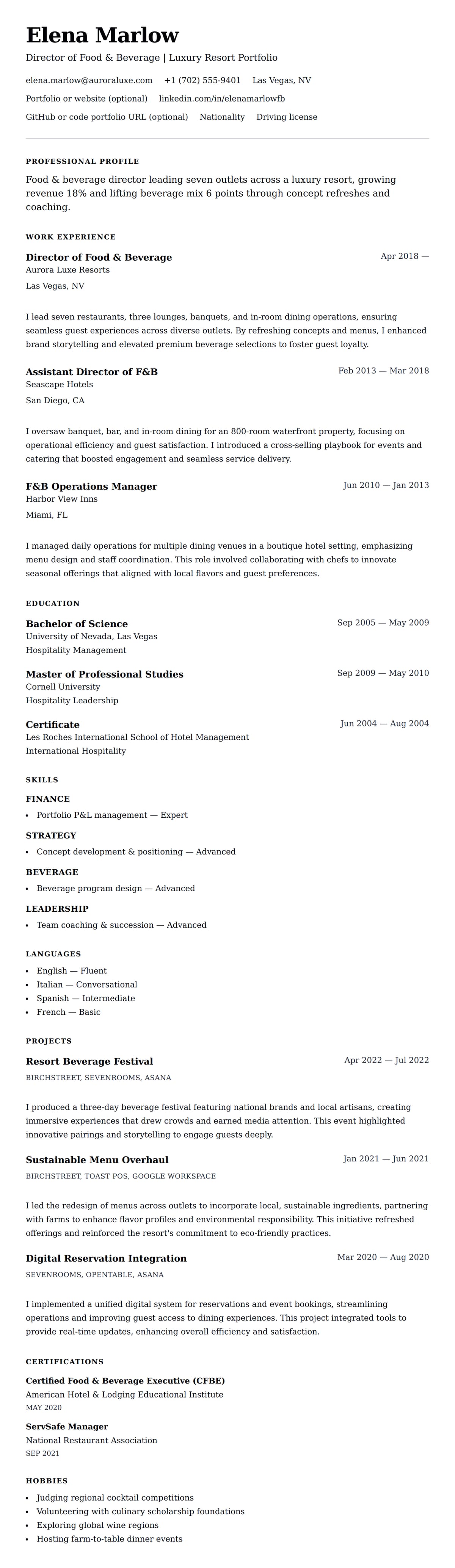 Resume preview for Food and Beverage Director Resume Example