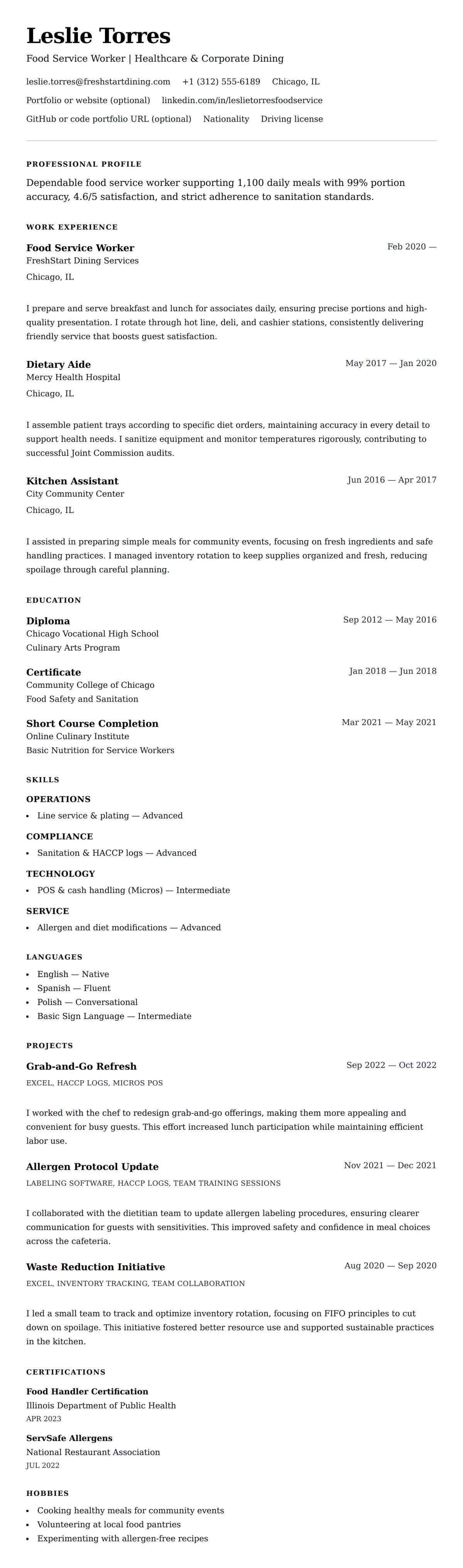Resume preview for Food Service Worker Resume Example