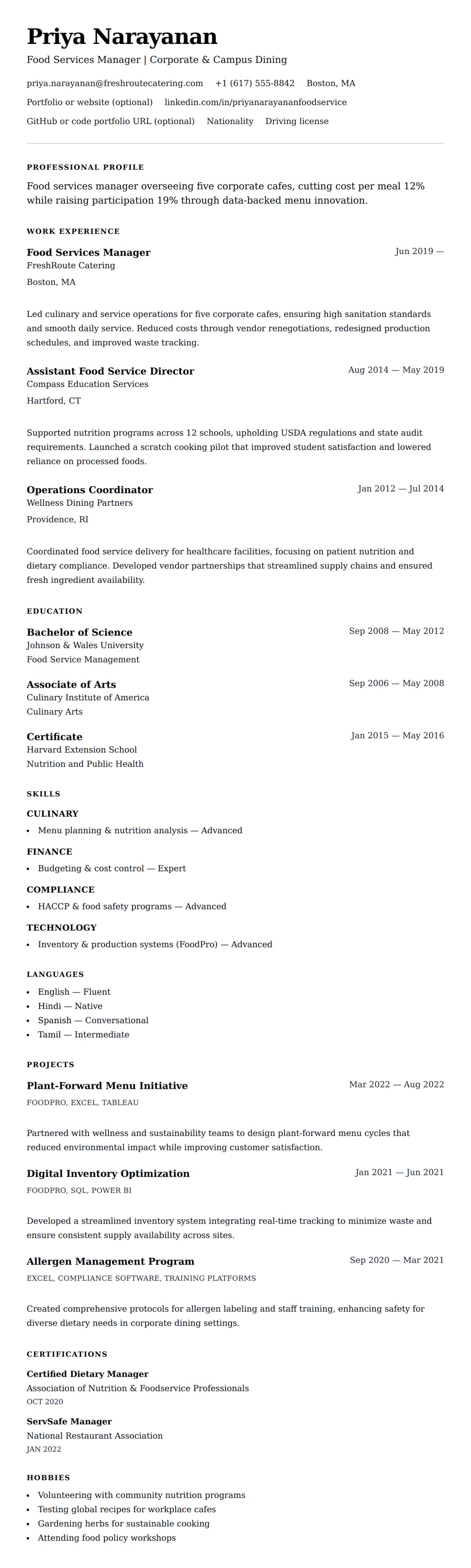 Resume preview for Food Services Manager Resume Example