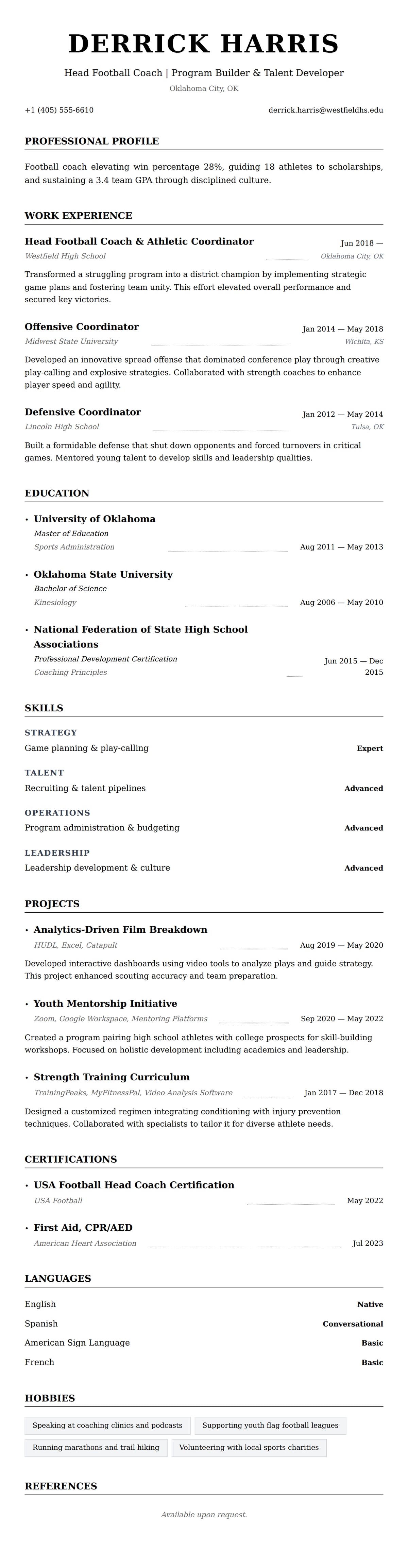 Resume preview for Football Coach Resume Example