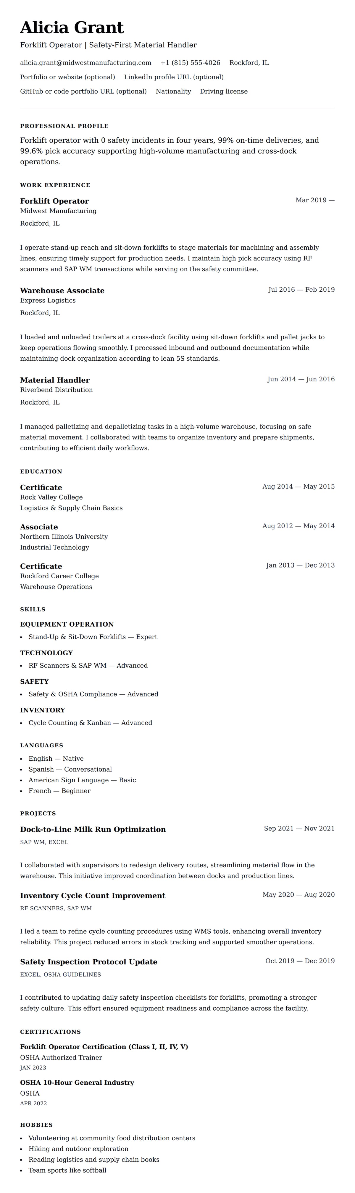 Resume preview for Forklift Operator Resume Example