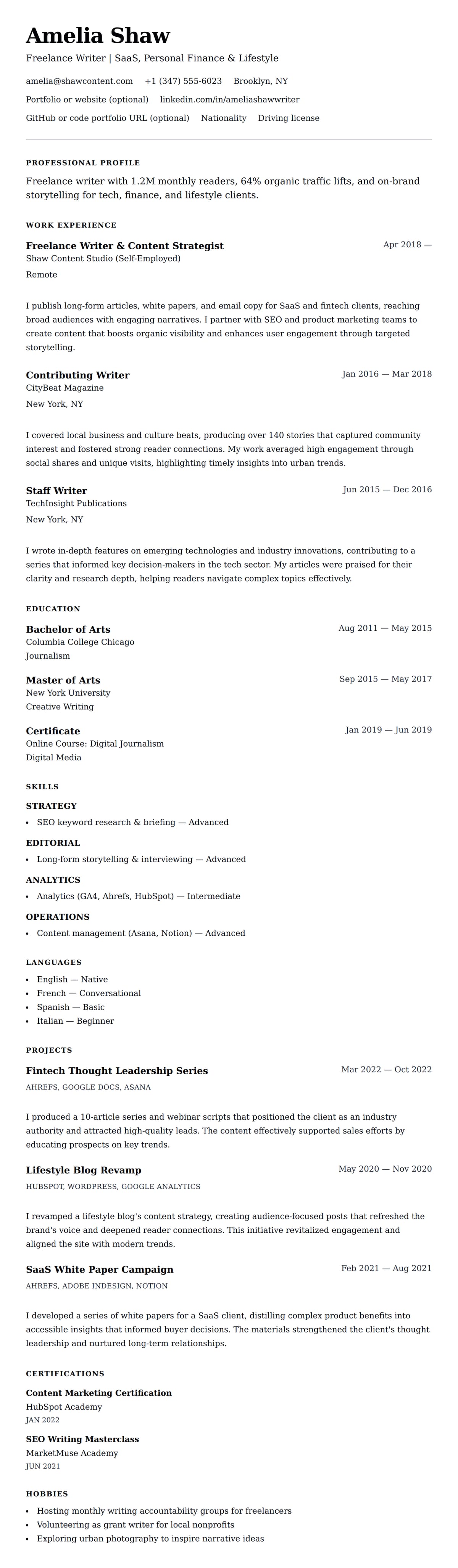 Resume preview for Freelance Writer Resume Example