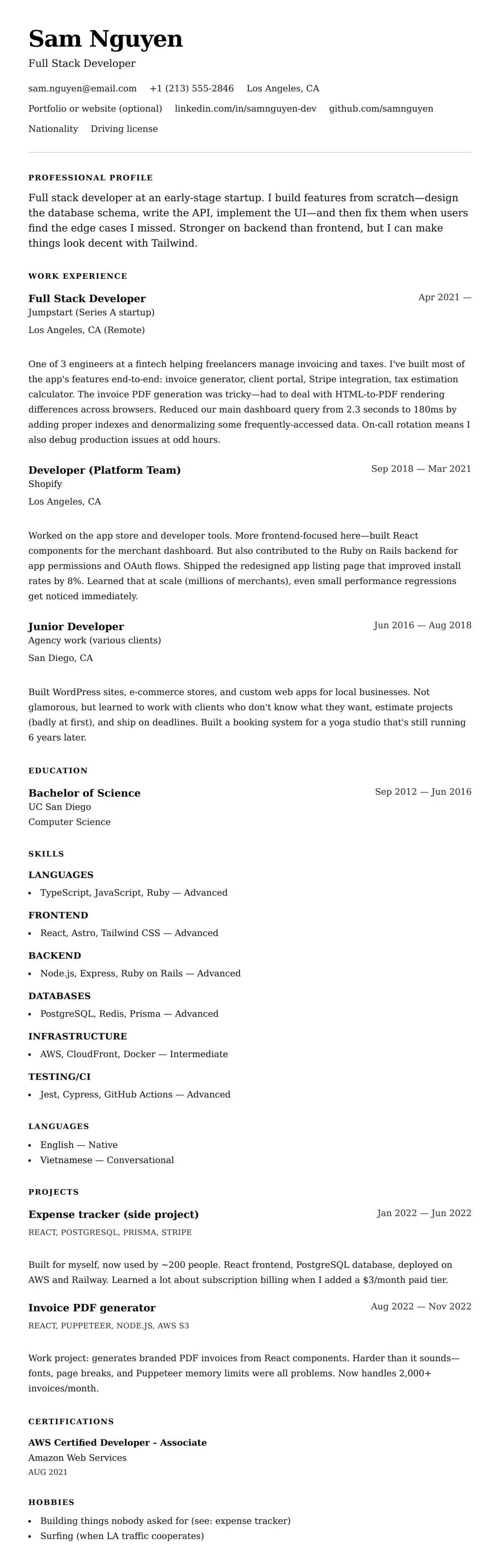 Resume preview for Full Stack Developer Resume Example