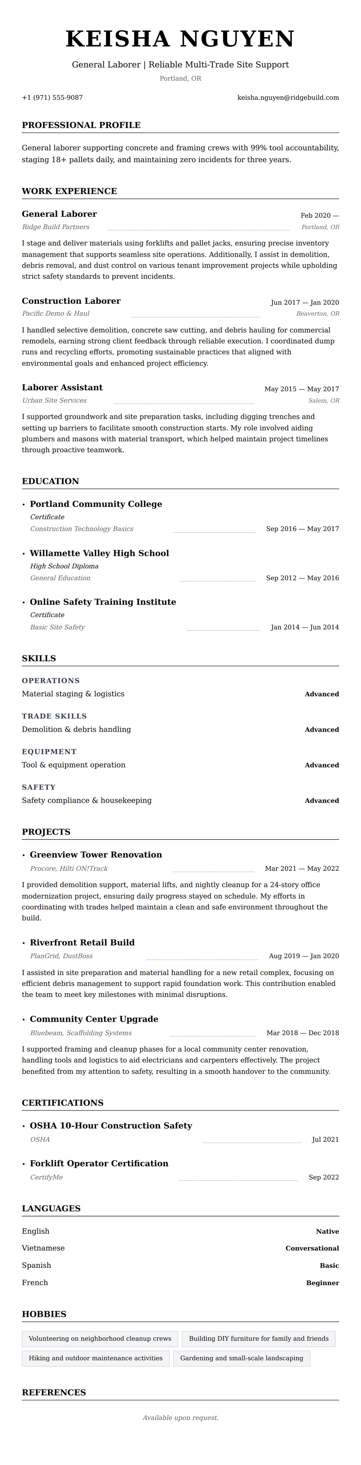 Resume preview for General Laborer Resume Example