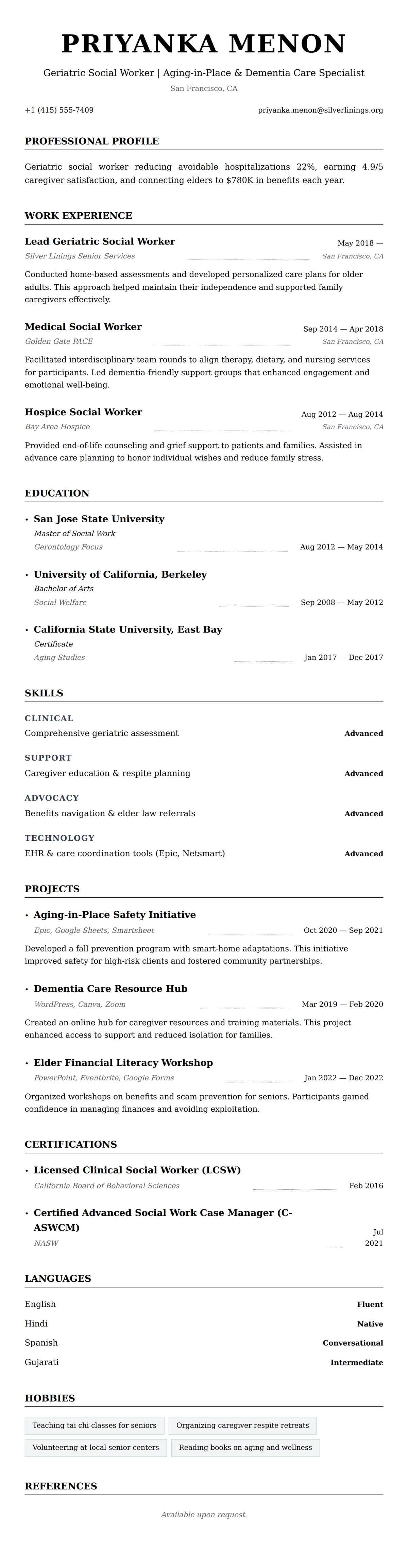 Resume preview for Geriatric Social Worker Resume Example