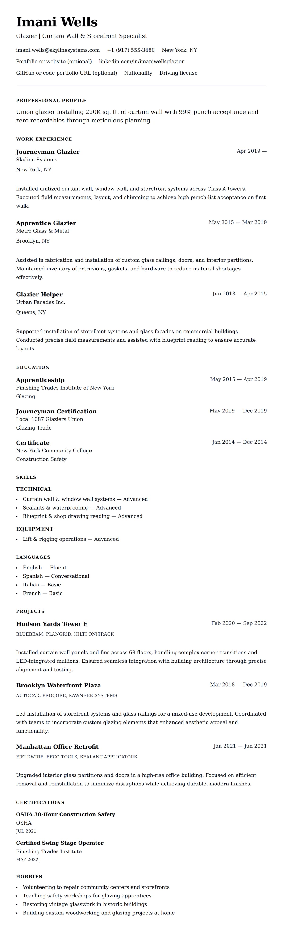 Resume preview for Glazier Resume Example