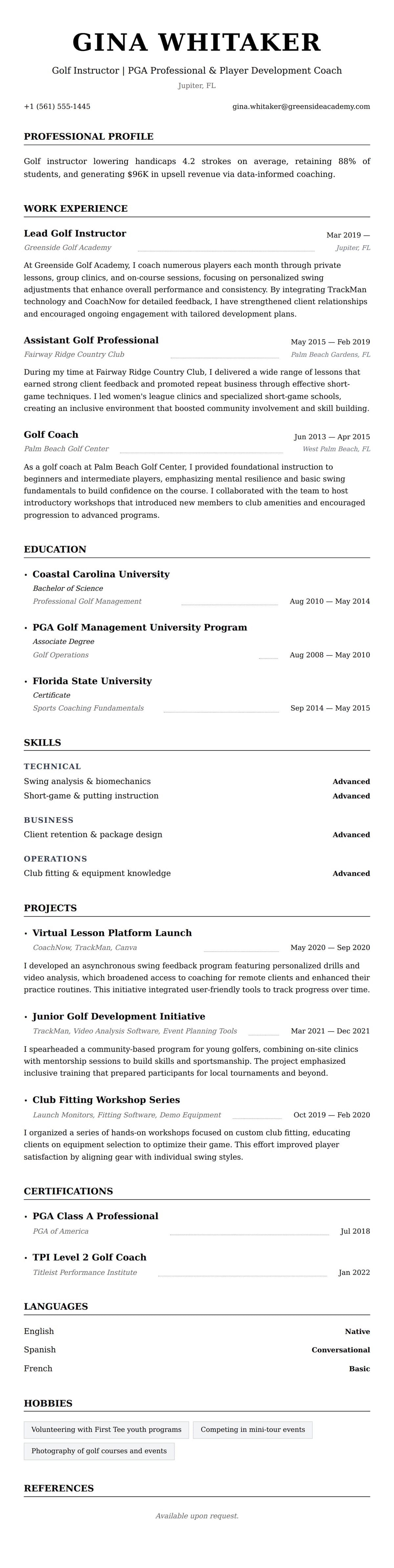 Resume preview for Golf Instructor Resume Example