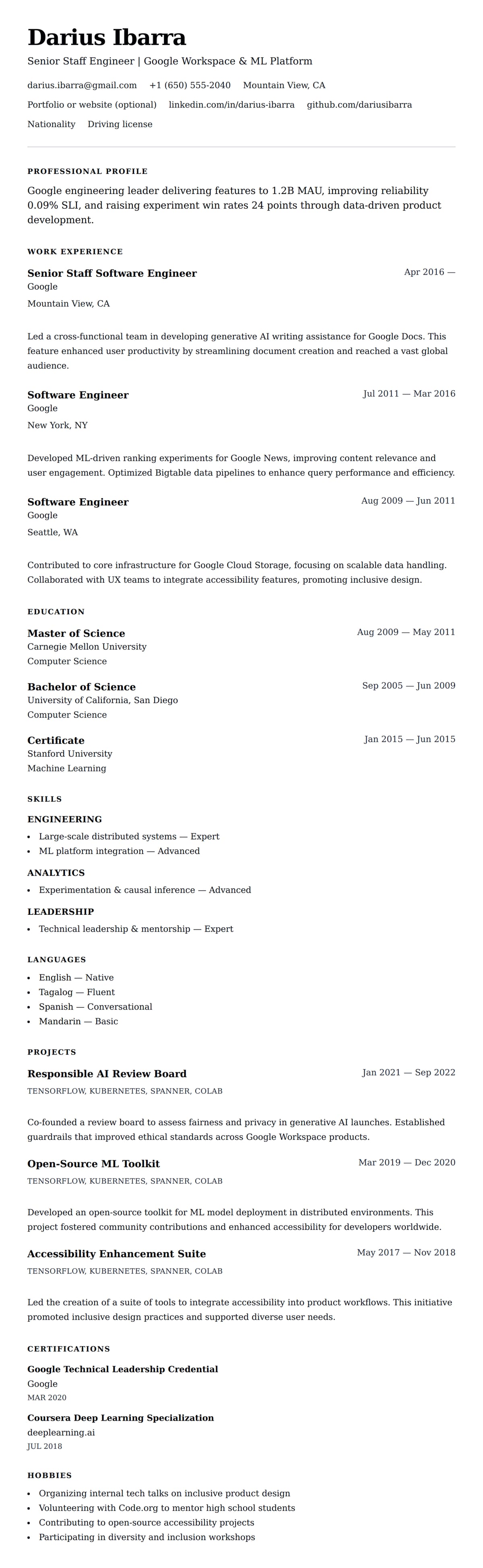 Resume preview for Google Resume Resume Example