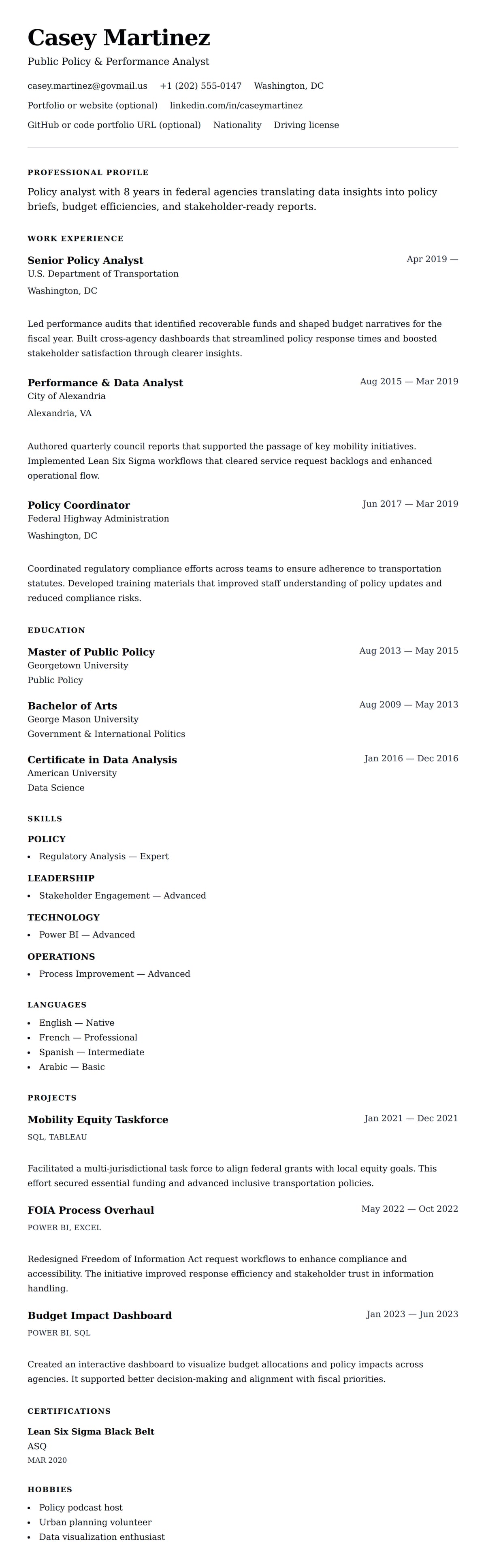 Resume preview for Government Analyst Resume Example