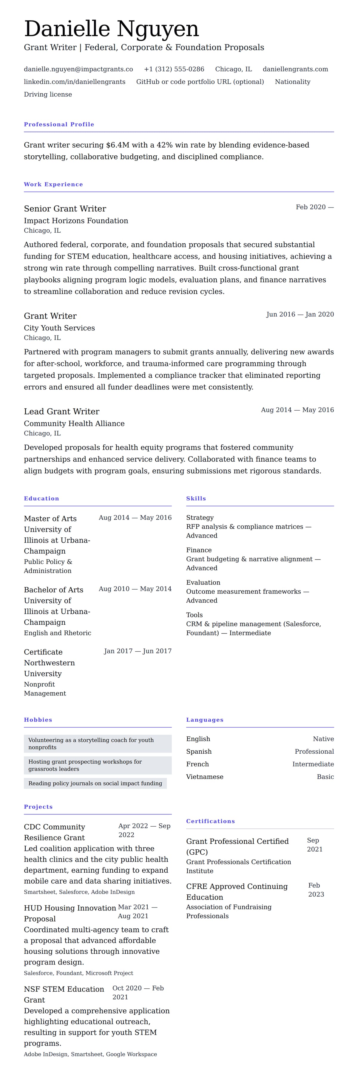 Resume preview for Grant Writer Resume Example