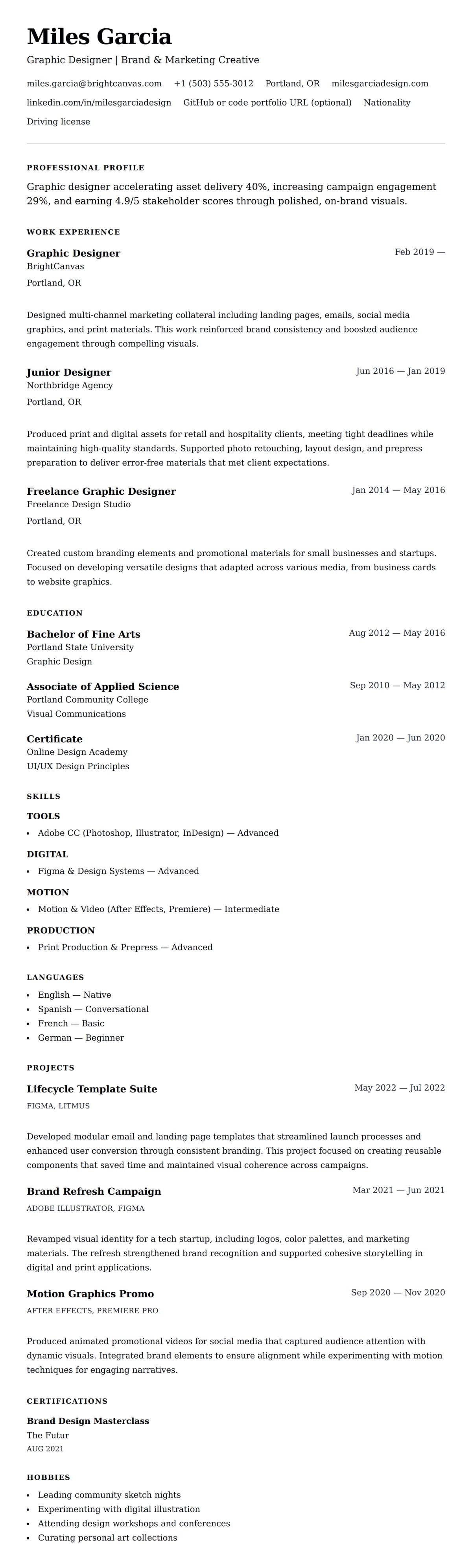 Resume preview for Graphic Designer Resume Example
