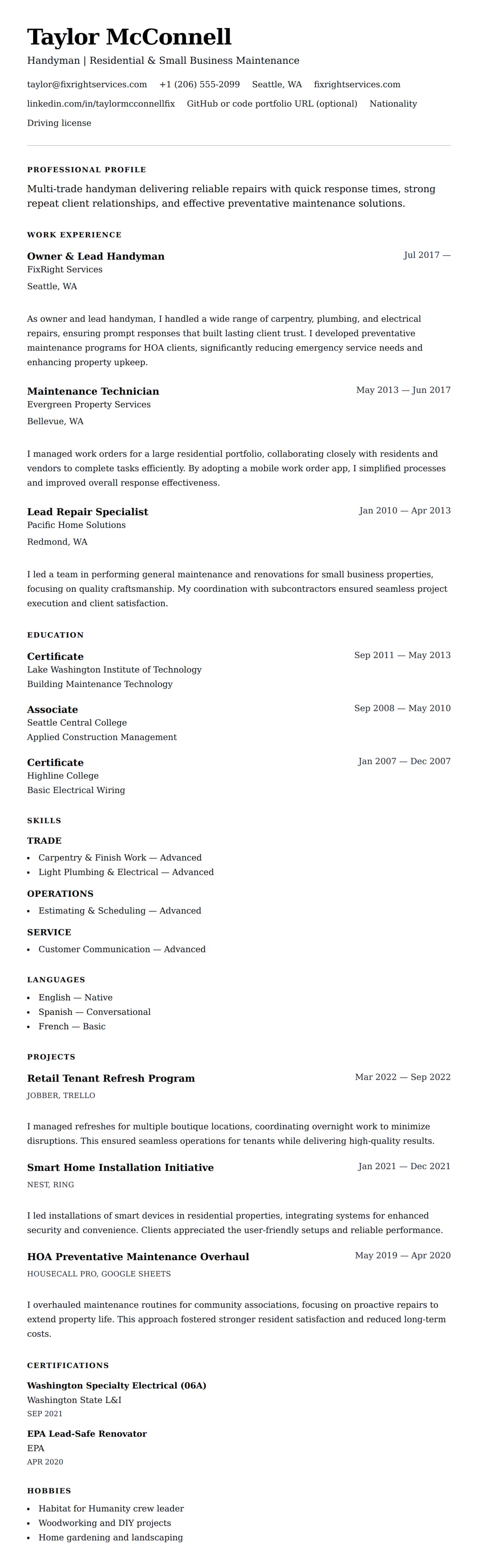 Resume preview for Handyman Resume Example