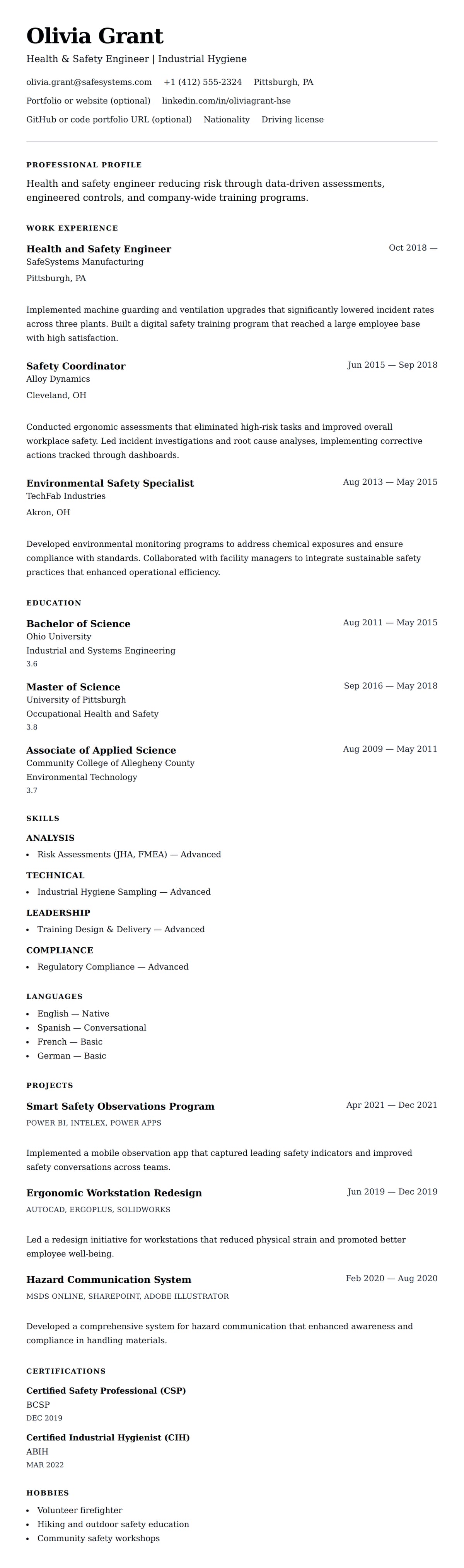 Resume preview for Health and Safety Engineer Resume Example