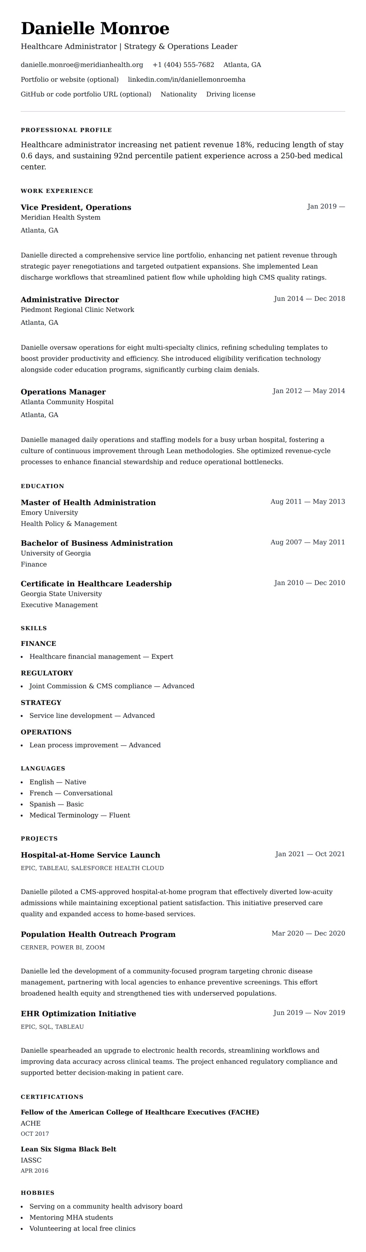 Resume preview for Health Care Administration Resume Example