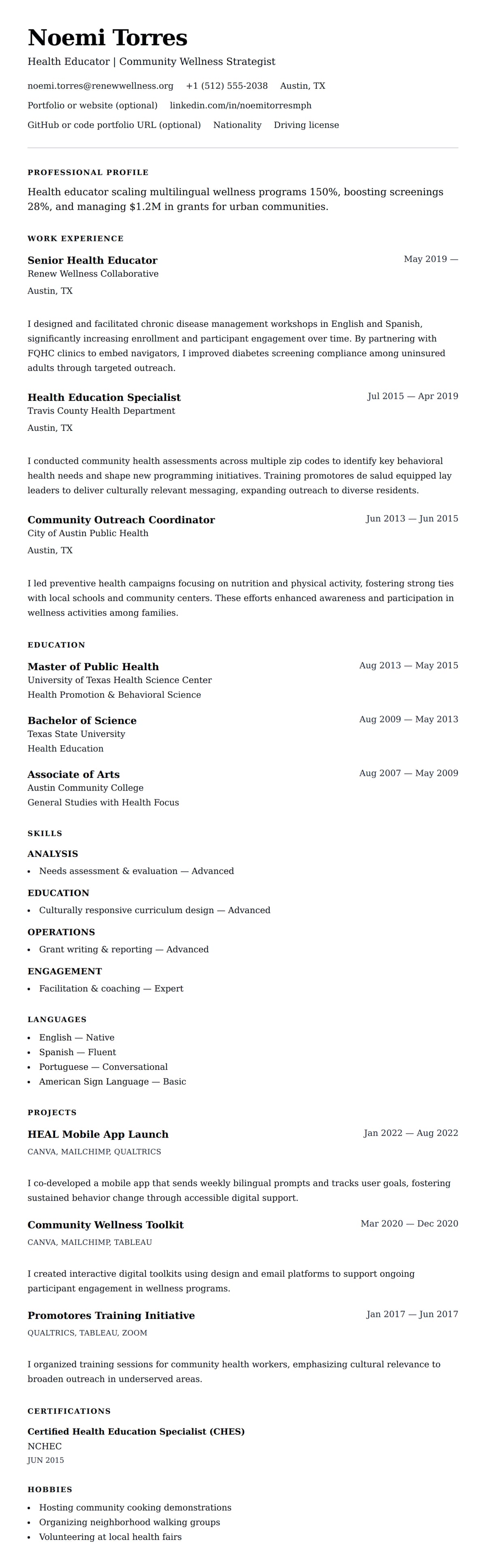 Resume preview for Health Educator Resume Example