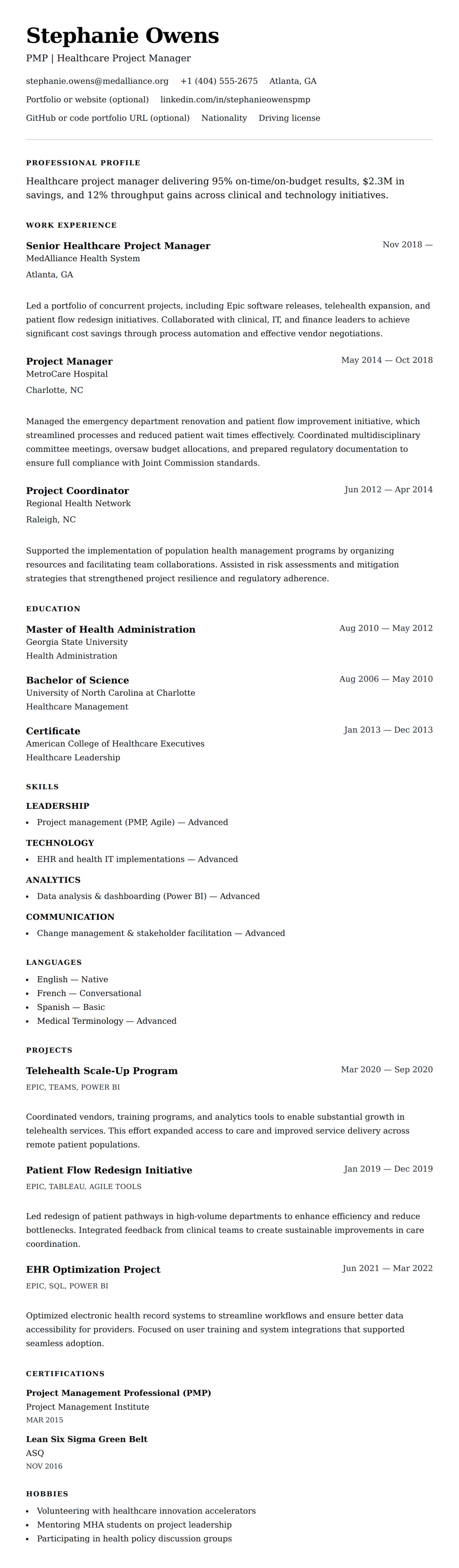Resume preview for Healthcare Project Manager Resume Example