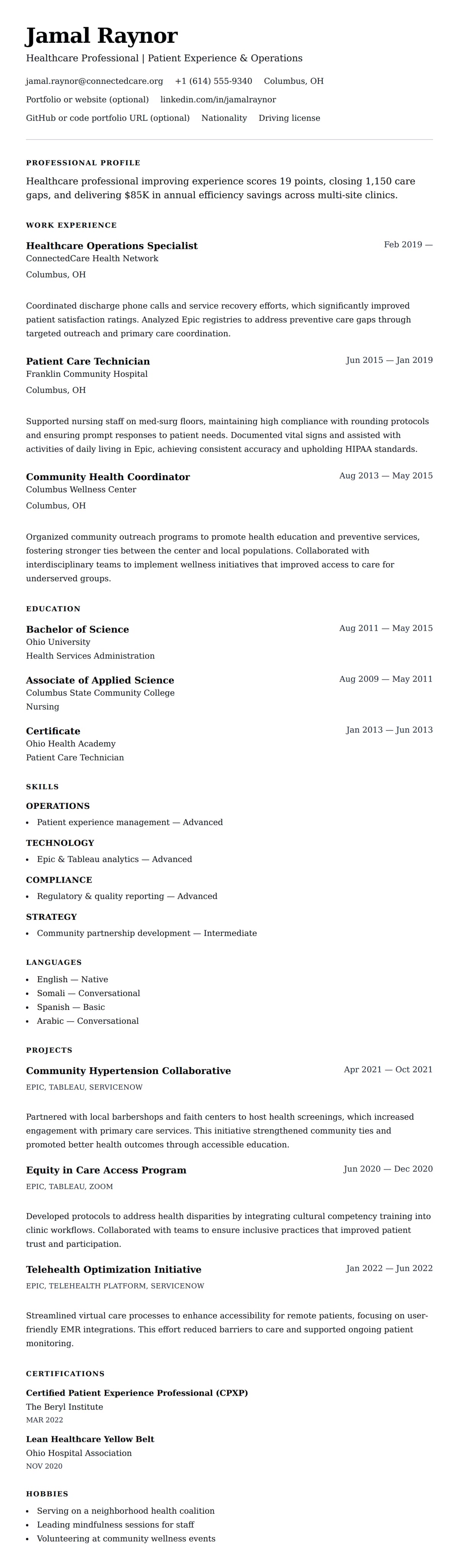 Resume preview for Healthcare Professional Resume Example