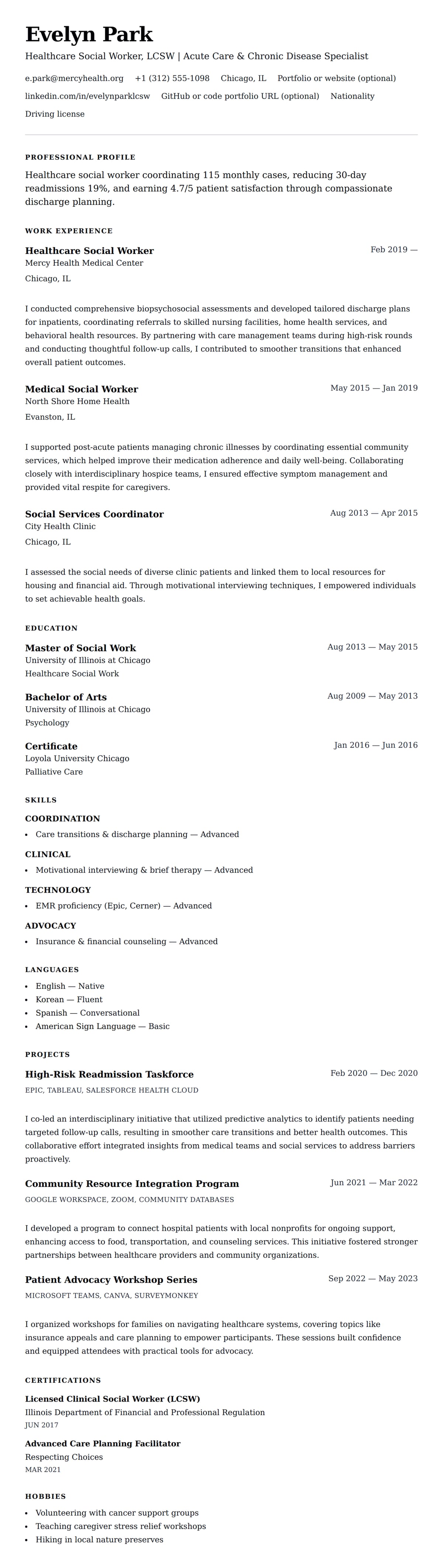 Resume preview for Healthcare Social Worker Resume Example