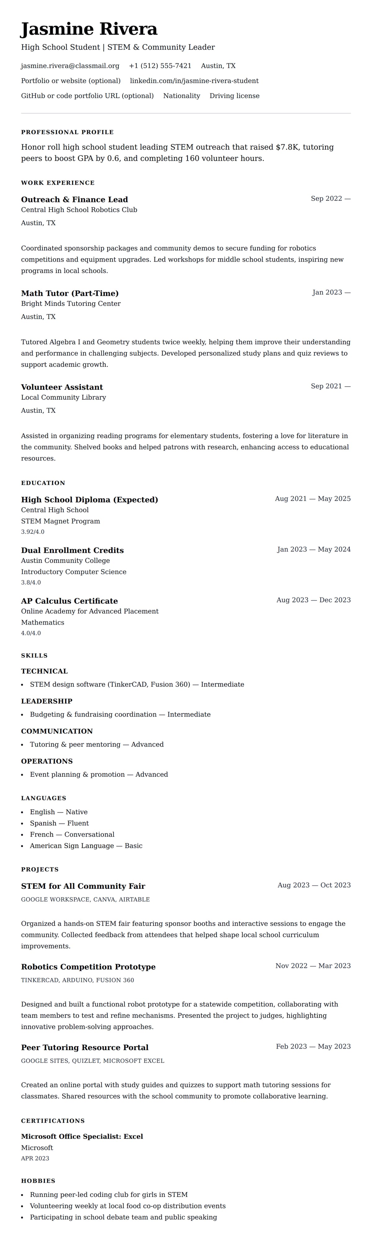 Resume preview for High School Student Resume Example